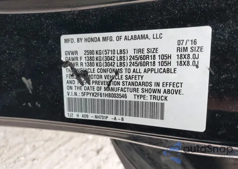 2017 Honda Ridgeline Rtl-T z USA, uszkodzony, nr VIN 5FPYK2F61HB003546